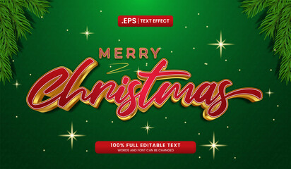 Wall Mural - Design green background with red and gold Merry Christmas text effect and pine branches. Vector illustration