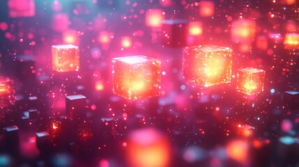 Poster - Glowing cubes of various shapes and sizes hover in a dark, dynamic digital space, illuminated with vibrant reds and oranges, creating an engaging display of light and texture.