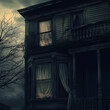 © Forrest - a creepy old in bad shape house. Curtains blowing is n the wind. Paint is falling of the walls. A persoon is standing on the second Floor Looking true a window. Overall a dark and eerie setting