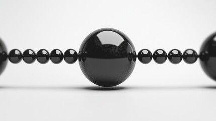Poster - A series of black spherical beads, varying in size, are elegantly aligned on a smooth surface, reflecting light and highlighting their glossy finish, creating a striking visual effect.