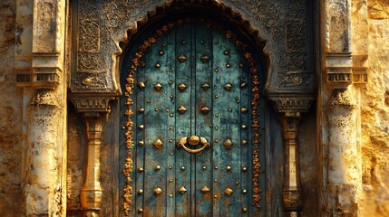Poster - Closeup of an ancient Moroccan door with brass accents and decorative patterns set against a backdrop of weathered city walls evoking a sense of travel and adventure