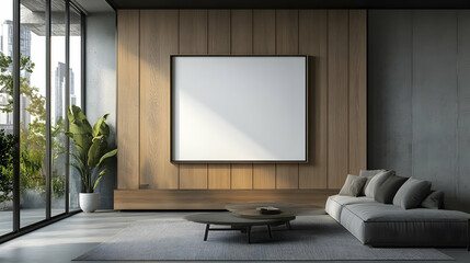 Blank wooden picture frame mockup in modern interior -