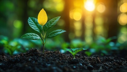 Poster - A Single Sapling with Yellow Leaf Growing in Soil with Sunlight in Background