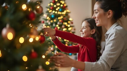 A joyful family decorating their Christmas tree together with their children, surrounded by presents and holiday cheer