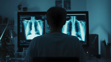 Sticker - Doctor examining a patient's chest X-ray on a computer screen for diagnosis -