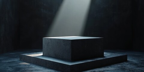 Poster - A Black Square Platform Illuminated by a Single Light Beam in a Dark Room