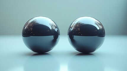 Fototapete - Two shiny, reflective spheres sit closely together on a smooth surface, capturing and refracting light from their surroundings, enhancing their three-dimensional appearance.