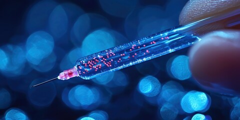 Aufkleber - A Close-up of a Syringe Filled with Red Spheres Against a Blue Bokeh Background