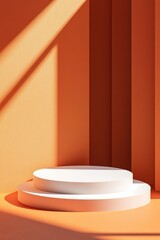Poster - White empty podium with geometric shadows on a vibrant orange wall background showcasing minimalistic modern design