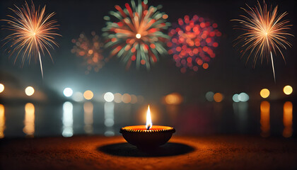 Poster - Celebrating festivals the joyous display of fireworks reflecting on water with a traditional diya in the foreground