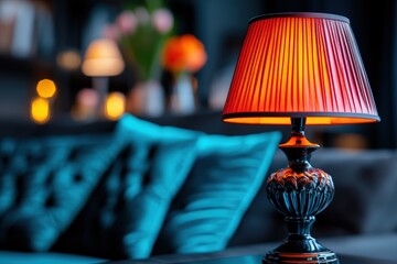 A richly colored table lamp with a red pleated shade adds warmth to a sophisticated living room, highlighted by blurred teal cushions and ambient lighting.