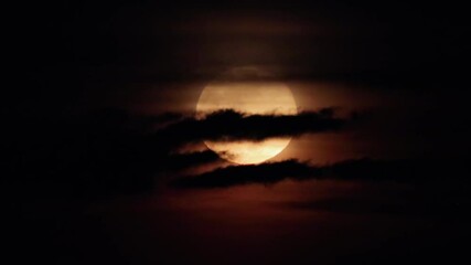 Wall Mural - Full moon in the night sky hidden behind dark clouds. Gloomy night landscape on Halloween evening