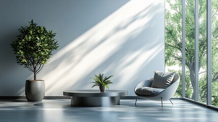 Fototapete - Contemporary relaxing area in a modern house showcasing an indoor plant on a minimalist steel coffee table complemented by a cozy armchair and an empty white triangle pattern wall backdrop