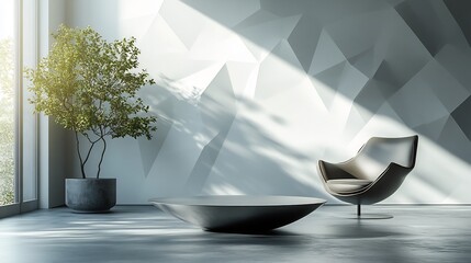 Poster - Contemporary relaxing area in a modern house showcasing an indoor plant on a minimalist steel coffee table complemented by a cozy armchair and an empty white triangle pattern wall backdrop