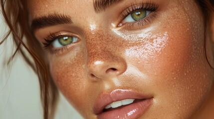 This image displays a freckled woman's radiant face with glossy lips, emphasizing her sparkling eyes and glowing skin in perfect lighting conditions.