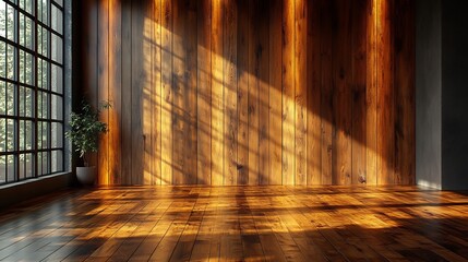 Poster - Contemporary room showcasing a front view of a blank wall with polished wooden planks bathed in soft lighting serving as a perfect canvas for a modern mockup design