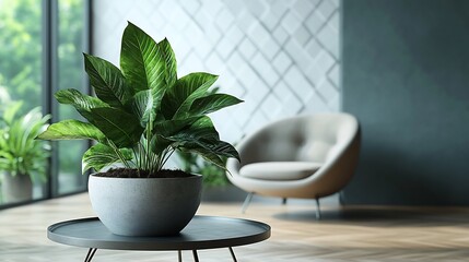 Poster - Contemporary relaxing area in a modern house showcasing an indoor plant on a minimalist steel coffee table complemented by a cozy armchair and an empty white triangle pattern wall backdrop