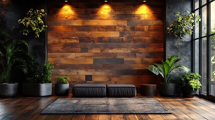 Poster - Contemporary room showcasing a front view of a blank wall with polished wooden planks bathed in soft lighting serving as a perfect canvas for a modern mockup design