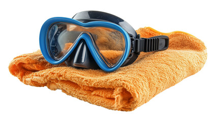 scuba mask and snorkel on orange beach towel isolated on transparent background