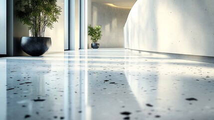 Fototapete - Contemporary terrazzo flooring design featuring sharp lines and contrasting colors like black white and metallic silver accented by a sleek polished concrete wall for an industrial edge