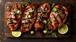 © familymedia - A rustic wooden board is presented with four perfectly grilled chicken breasts, spiced and garnished with fresh herbs and jalapeños, surrounded by halved lime slices.