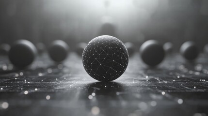 Fototapete - Black spheres adorned with white connectivity lines create a captivating digital network on a reflective dark surface, emanating a futuristic vibe in low light.