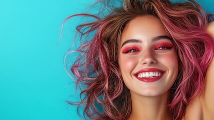 An energetic woman with dynamic pink and brown hair revels in joy against a vibrant blue backdrop, radiating playfulness with a dazzling smile.