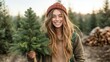 © familymedia - A cheerful young woman with long hair and a beanie holds a small evergreen tree, standing in a forested area with a warm smile, portraying nature's beauty.