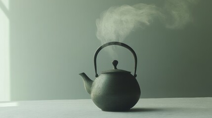 Poster - A classic tea kettle releases gentle steam into the air, set against a serene, light muted background, evoking warmth and comfort. Generative AI