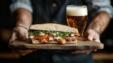 A delectable sandwich filled with fresh greens and crispy fried chicken is served on a rustic wooden board alongside a refreshing glass of beer, offering a casual dining experience.