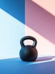 Poster - A black kettlebell stands prominently in a studio with vibrant blue and pink backgrounds, highlighting its form through clever lighting. Generative AI