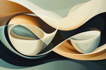 Wall Mural - Soft, flowing shapes depict a spoon and cup, blending warm and cool tones to create an inviting and abstract composition. Generative AI