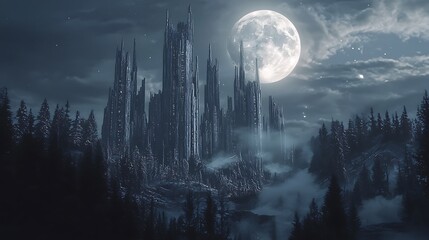 Aufkleber - A dystopian vision of a futuristic city where towering structures resemble wolves howling under a full moon