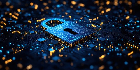 Aufkleber - A glowing padlock on a circuit board represents cybersecurity