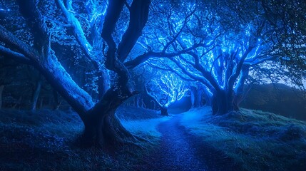 Aufkleber - Exploring the enchantment of a mystical forest illuminated by glowing blue trees at night