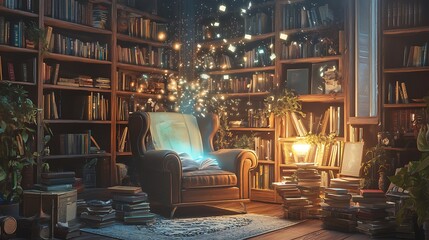 Poster - Discover the enchantment of a mystical reading room with floating books and illuminating warmth for every book lover