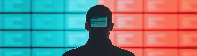 Person with digital interface background, silhouette profile, modern tech concept.