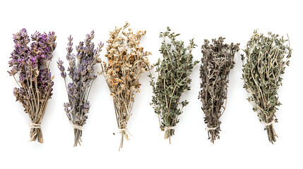 A colorful arrangement of various dried herbs, including sage, thyme, and lavender, laid out against a white background. 