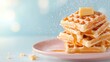 © familymedia - A stack of waffles topped with a pat of butter, drizzled with syrup, creating a delicious breakfast scene on a pink plate against a light blue background.