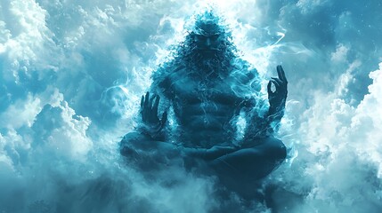 Poster - Ethereal deity a mystical being manifested from the mist radiating serenity amidst the clouds and embracing tranquility