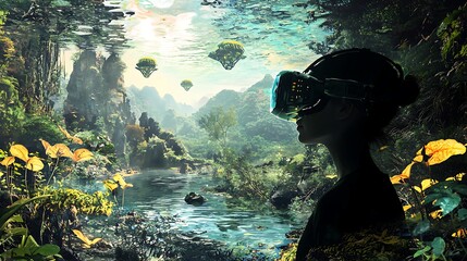 Poster - Exploring the intricate dance between nature and technology a journey into a futuristic landscape of virtual reality and organic serenity