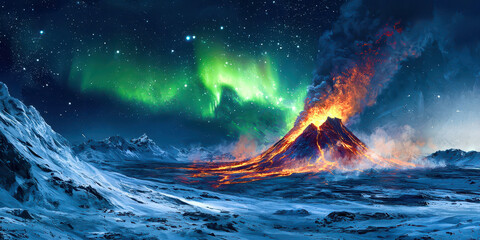 Wall Mural - A volcano erupts in the middle of a snowy landscape