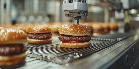 Poster - Automated Burger Assembly Line with Sesame Seed Buns and Beef Patties