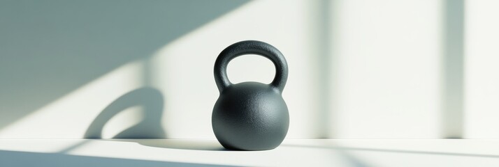 Poster - A black kettlebell sits on a surface, lit by bright natural light, casting gentle shadows in a minimalistic workout area. Generative AI