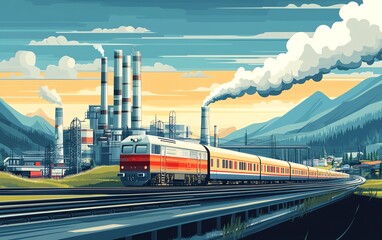 Creative vector illustration of a highway with a train, a modern town in the background, and a thermal power plant, presented with striking black outlines