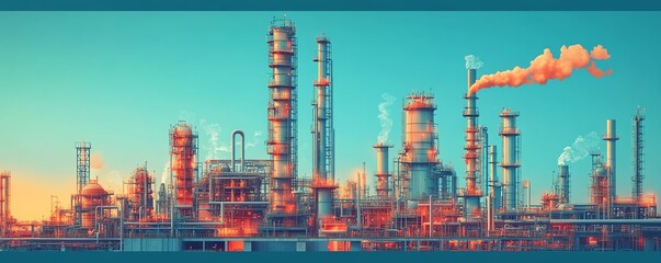 Poster - Comprehensive vector illustration of a gas refinery plant, showcasing an industrial view with two layers of detail for enhanced visual depth