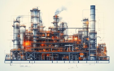 Fototapete - Detailed vector depiction of a gas plant with a refinery layout, presenting two layers of industrial features including smokestacks and processing units