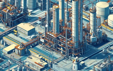 Fototapete - Detailed vector depiction of a gas plant with a refinery layout, presenting two layers of industrial features including smokestacks and processing units