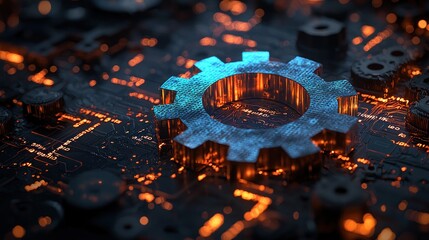 Poster - A Blue Gear on a Circuit Board with Glowing Orange Lights