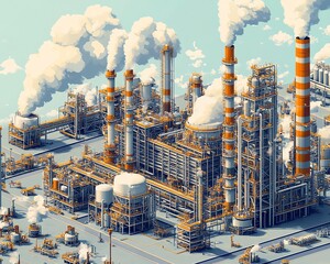 Poster - Sophisticated vector illustration of a gas plant industrial view, featuring a refinery with two distinct layers of detail for a comprehensive perspective